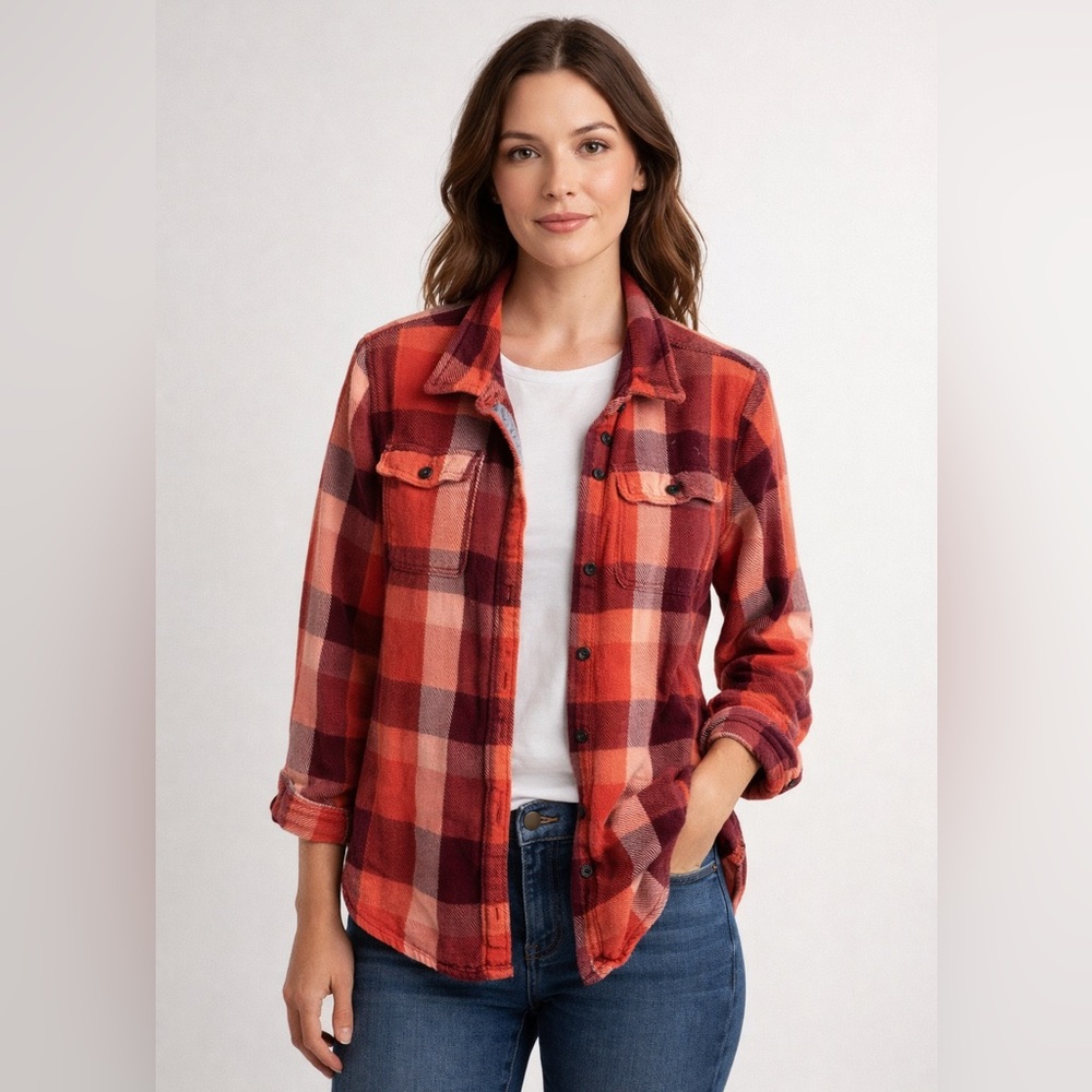 L.L. Bean Coral Plaid 100% Cotton Shacket | Large Petite